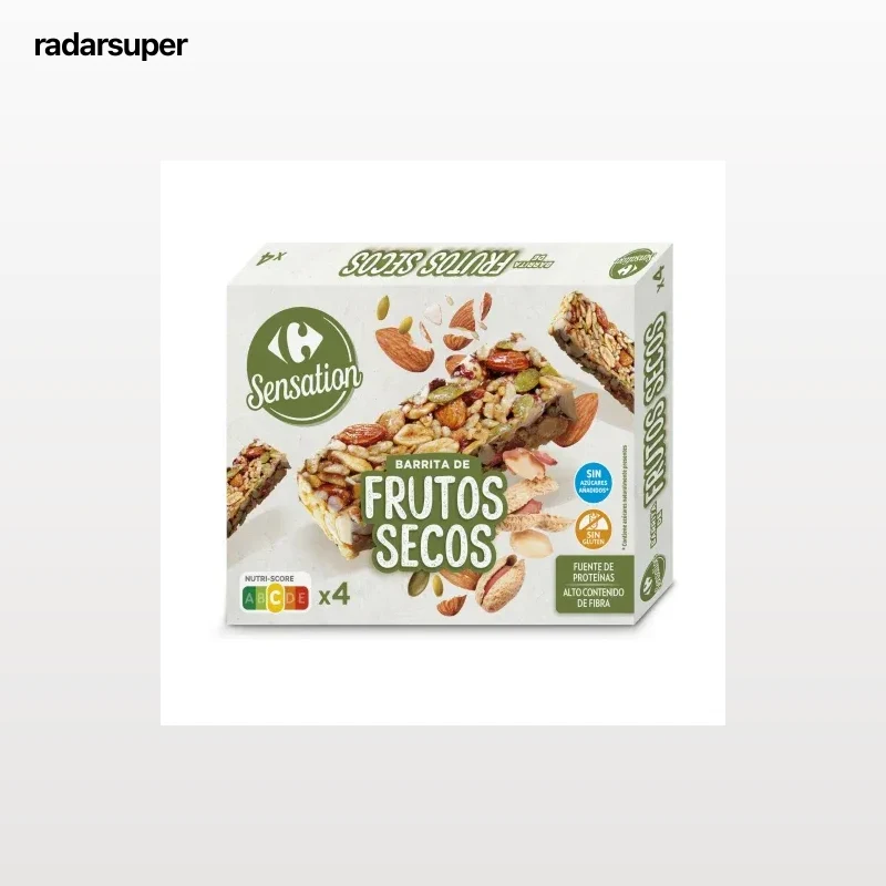 Barritas de frutos secos Carrefour Sensation sin gluten y sin azúcar añadido pack de 4 unidades de 30 g.
