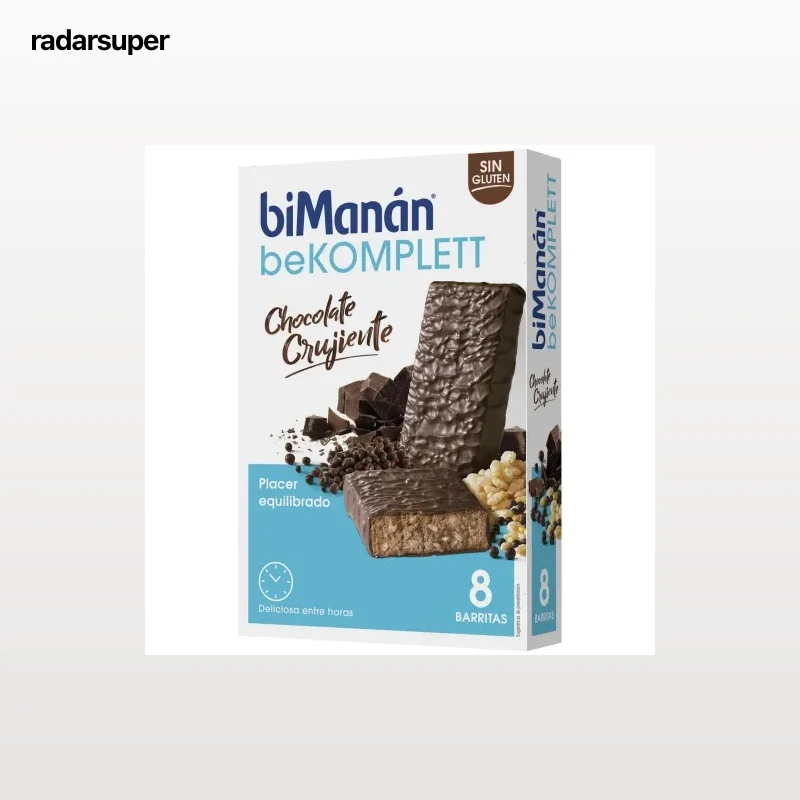 Barritas sabor chocolate crujiente Bimanán BeKomplett sin gluten pack de 8 unidades de 35 g.