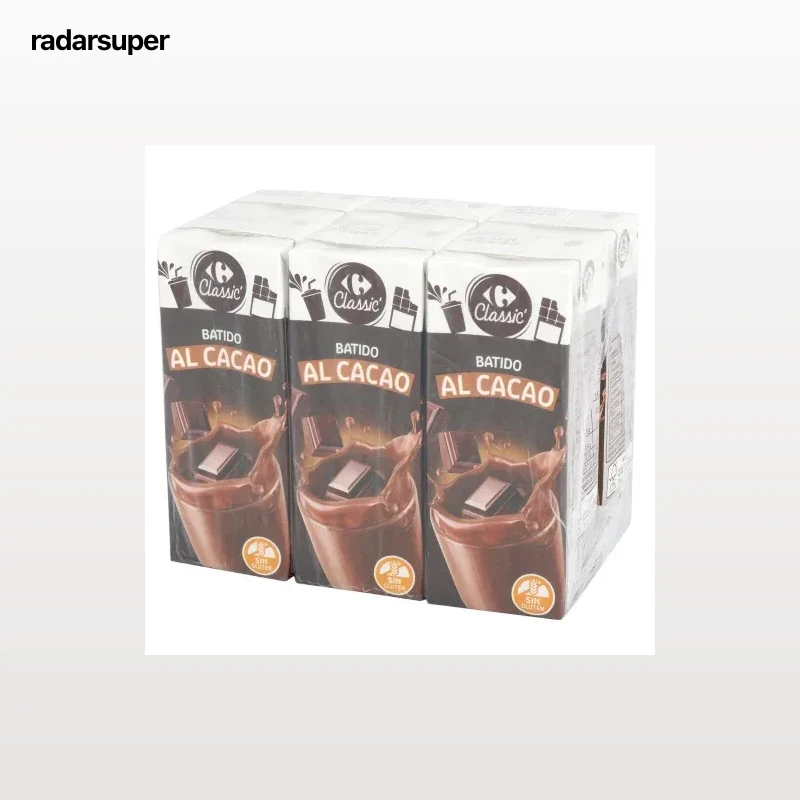 Batido de cacao Carrefour sin gluten pack de 6 briks de 200 ml.