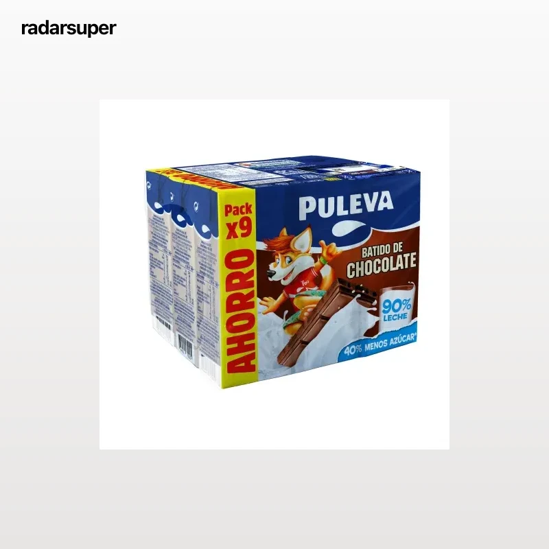 Batido de chocolate Puleva sin gluten pack de 9 brik de 200 ml.