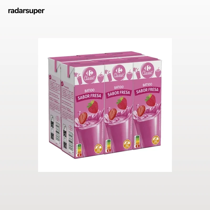 Batido de fresa Carrefour Classic sin gluten pack de 6 minibriks de 200 ml.