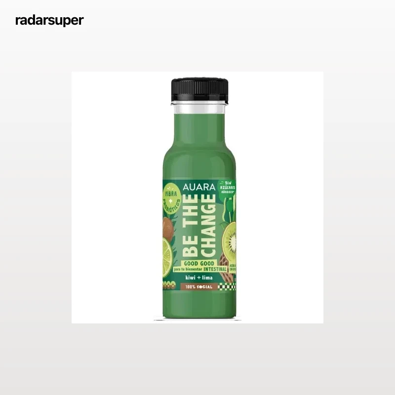 Bebida de manzana, kiwi y lima con calcio, fibra y probióticos Be The Change Auara sin azúcar añadido botella 33 cl.