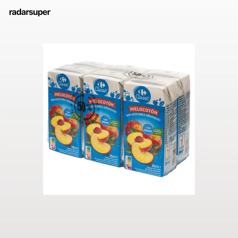 Bebida de melocotón Carrefour Classic sin azúcar pack de 6 briks de 20 cl.