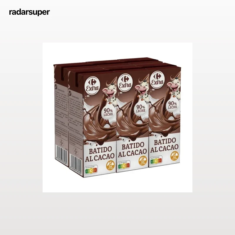 Bebida láctea al cacao Carrefour Extra sin gluten pack de 6 minibriks de 200 ml.