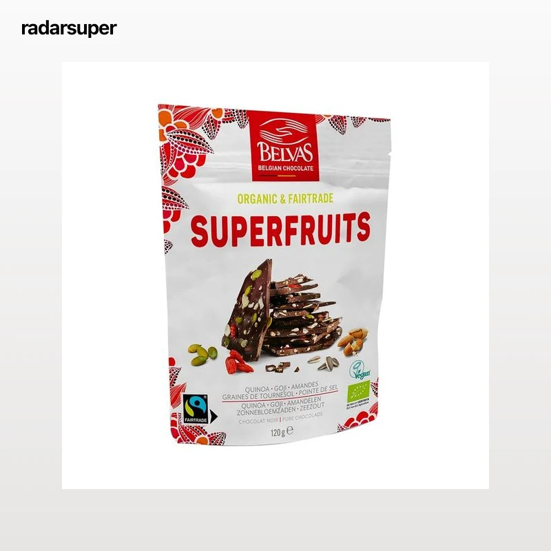 BELVAS Chocolate negro ecológico con quinoa, goji, almendras y pepitas de girasol 120 g.