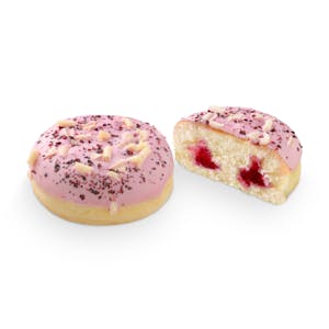 Berlina con cobertura de frutos rojos y virutas de chocolate blanco relleno arándanos 30%