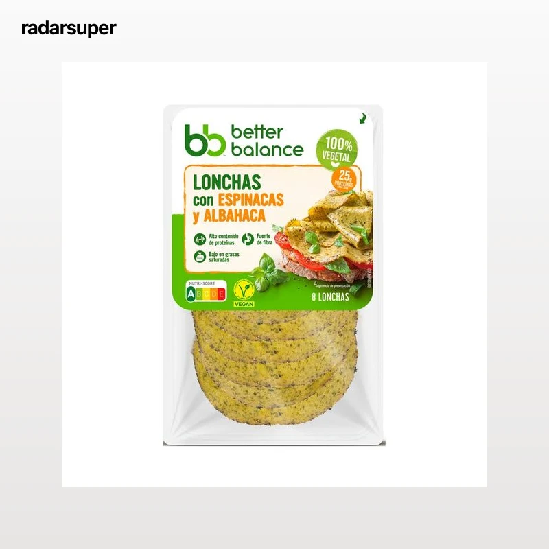 BETTER BALANCE Lonchas vegetales con espinacas y albahaca. Altas en proteína, bajas en grasas saturadas y fuente de fibra. 80 g.