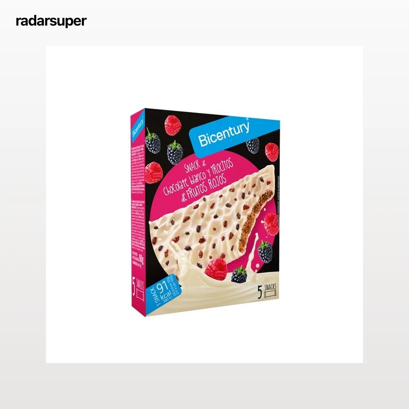 BICENTURY Snacks de chocolate blanco y trocitos de fruto rojo BICENTURY 5 uds. x 18 g.
