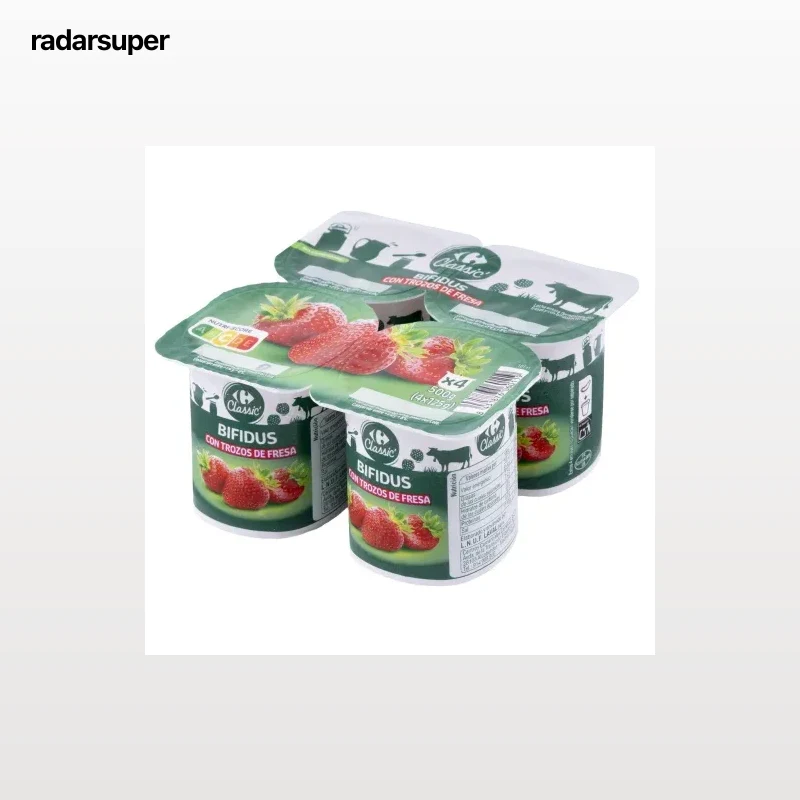 Bífidus con trozos de fresa Carrefour pack de 4 unidades de 125 g.