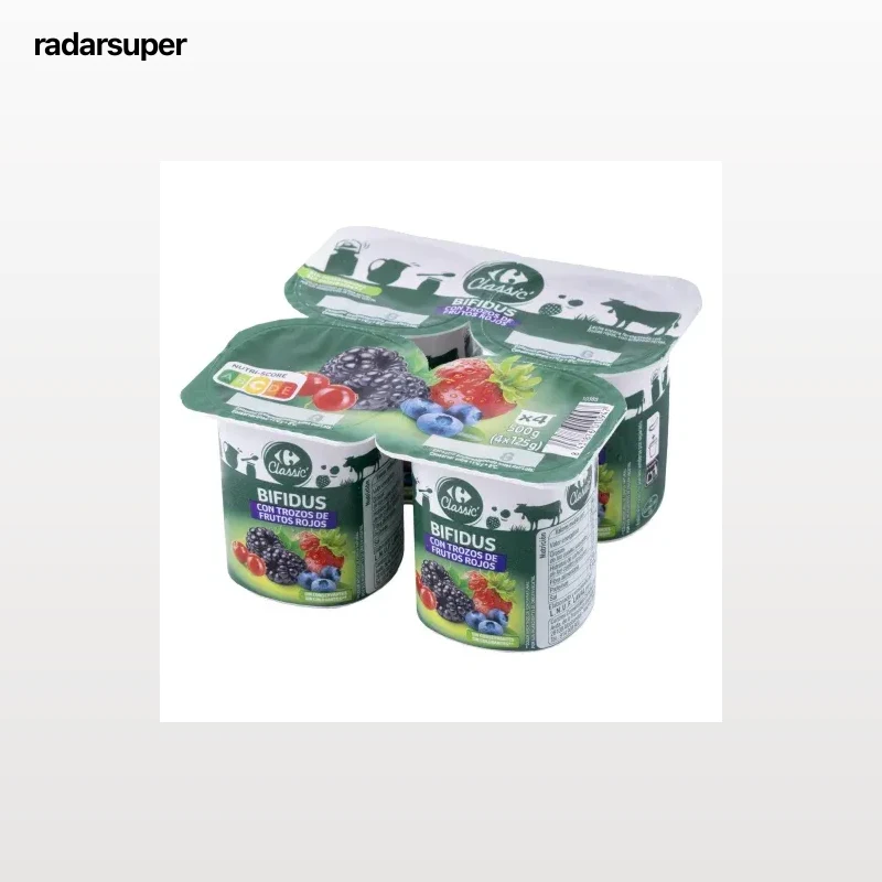 Bífidus con trozos de frutos rojos Carrefour pack de 4 unidades de 125 g.