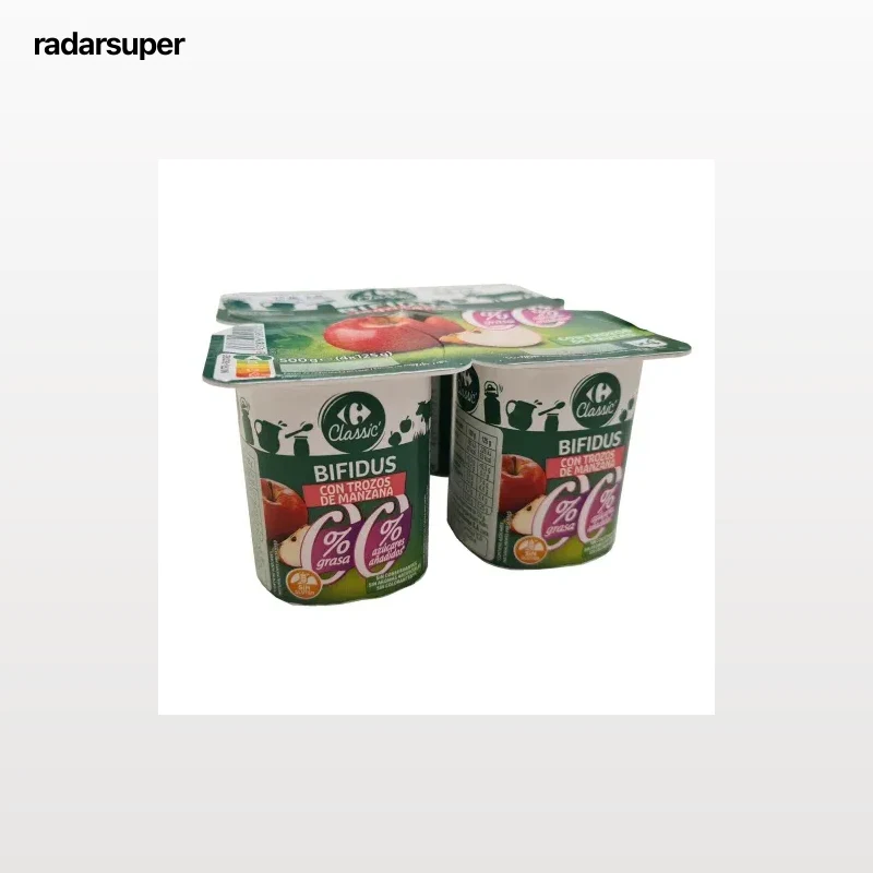 Bífidus desnatado con manzana Carrefour Classic´ sin gluten y sin azúcar añadido pack de 4 unidades de 125 g.