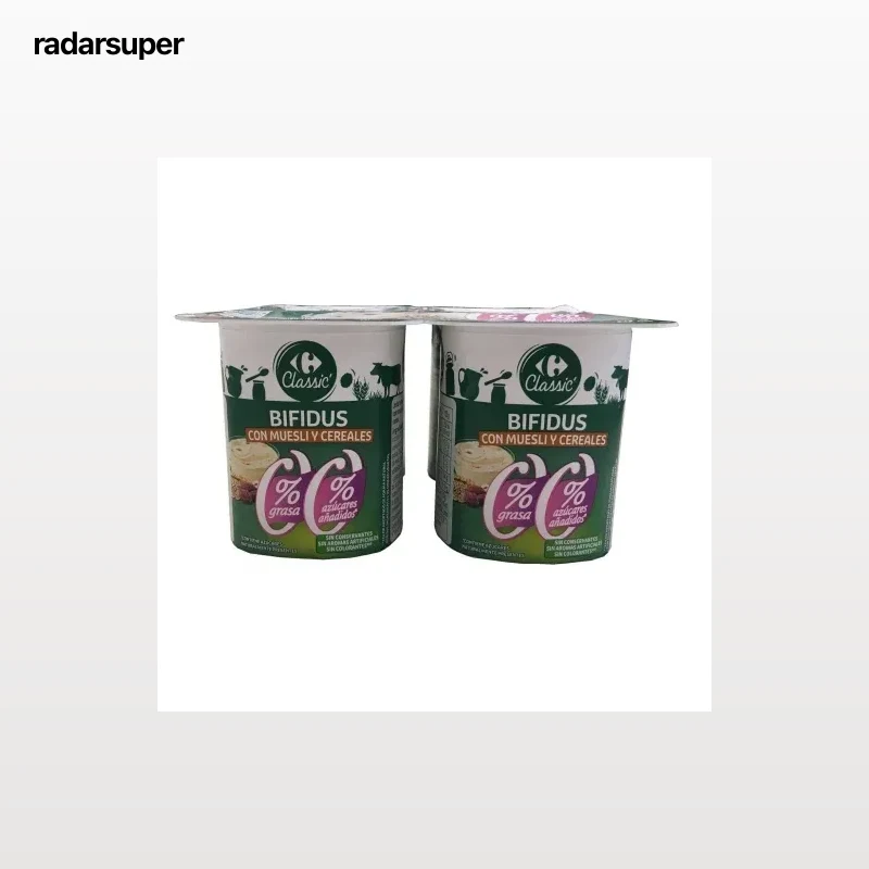Bífidus desnatado con muesli y cereales Classic´ Carrefour sin azúcar añadido pack de 4 unidades de 125 g.