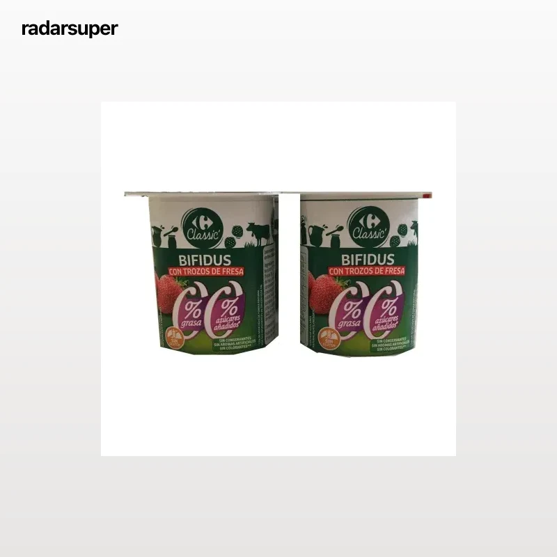 Bífidus desnatado con trozos de fresa sin azúcar añadido Carrefour Classic pack de 4 unidades de 125 g.