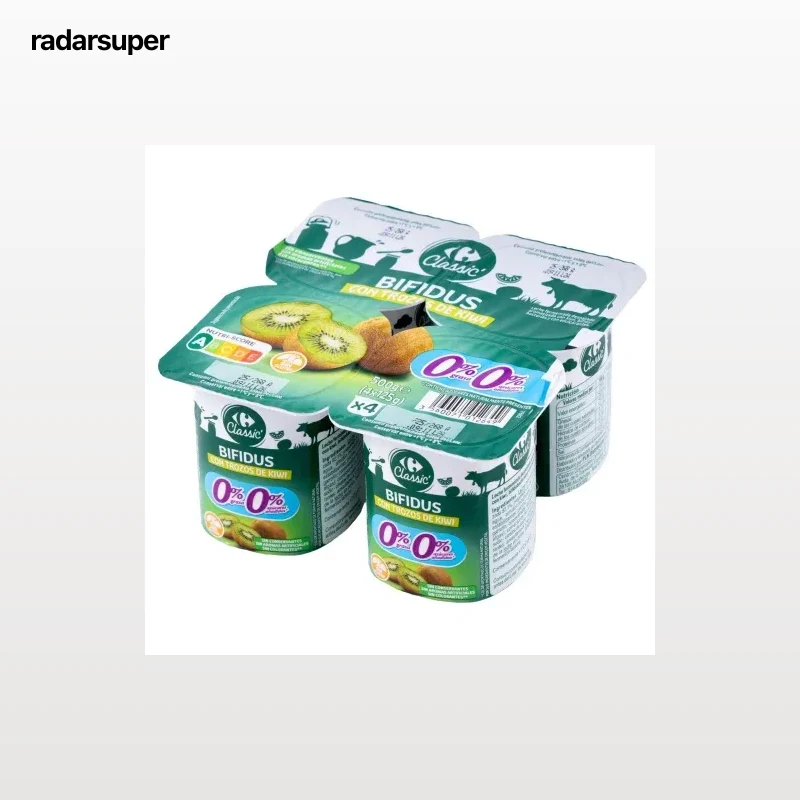 Bífidus desnatado con trozos de kiwi sin azúcar añadido Carrefour pack de 4 unidades de 125 g.