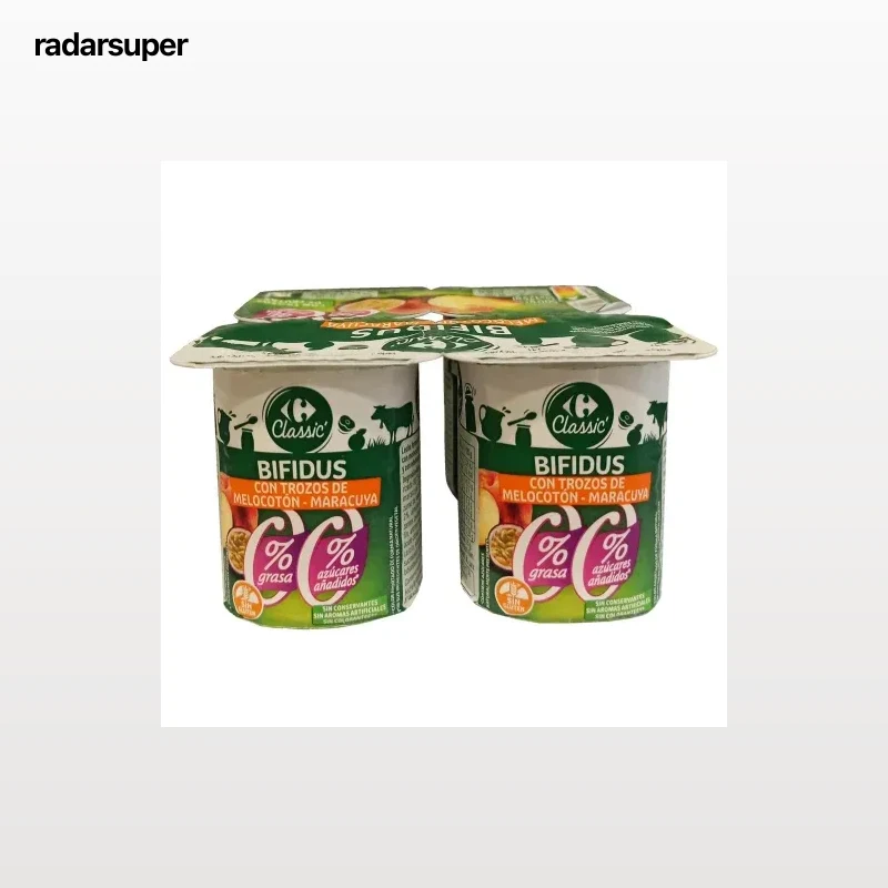 Bífidus desnatado con trozos de melocotón y maracuyá sin azúcar añadido Carrefour pack de 4 unidades de 125 g.
