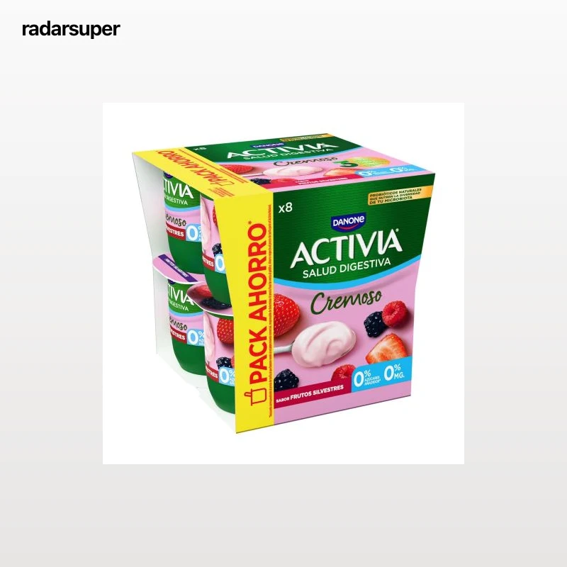 Bífidus desnatado cremoso sabor frutos silvestres Danone Activia sin azúcar añadido pack de 8 unidades de 115 g.