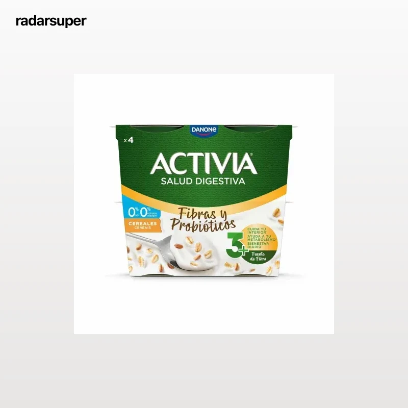 Bífidus desnatado de fibras con cereales Danone Activia sin azúcar añadido pack de 4 unidades de 115 g.