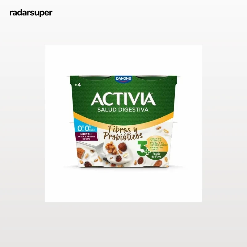 Bífidus desnatado de fibras con muesli sin azúcar añadido Danone Activia pack de 4 unidades de 120 g.