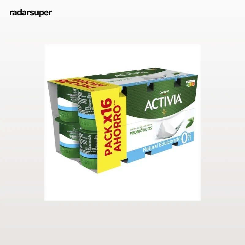 Bífidus desnatado natural edulcorado Danone Activia pack de 16 unidades de 120 g.