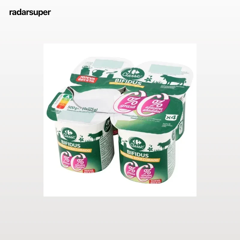 Bífidus desnatado natural edulcorado sin azúcar añadido Carrefour Classic' pack de 4 unidades de 125 g.