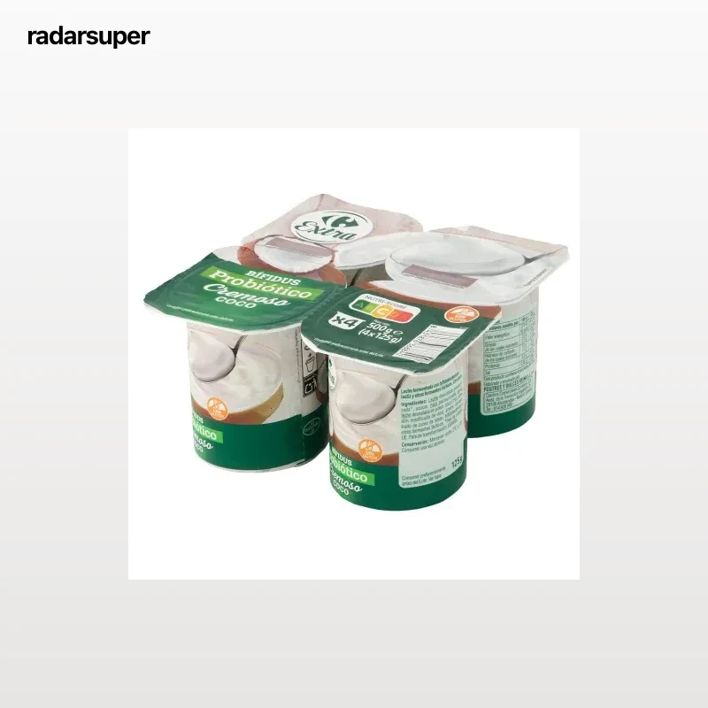 Bífidus probiótico cremoso con coco sin gluten Extra Carrefour pack de 4 unidades de 125 g.