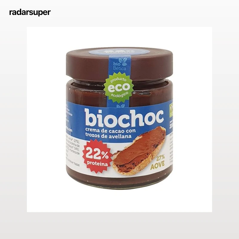 BIOCHOC Crema de cacao con trozos de avellana, 27 % aceite de oliva virgen extra ecológica 200 g.