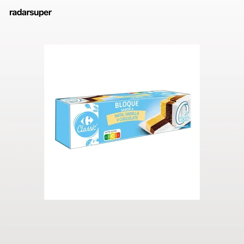 Bloque de helado de chocolate, nata y vainilla Carrefour Classic' sin azúcar añadido 475 g.