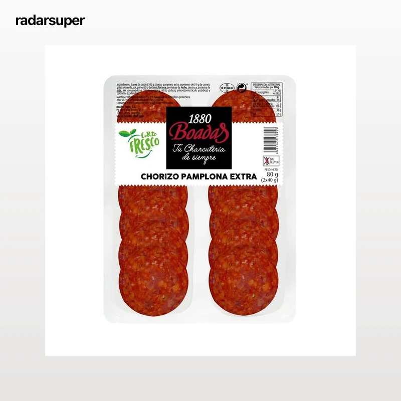 BOADAS Chorizo de Pamplona de categoria extra, sin gluten y cortado en lonchas BOADAS 2 x 40 g.