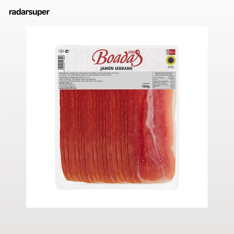 BOADAS Jamón serrano curado cortado en lonchas con separador BOADAS 180 g.