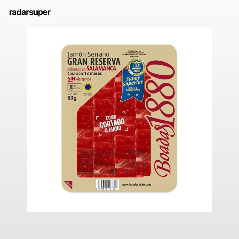 BOADAS Jamón serrano gran reserva, con curación de 18 meses y cortado en finas lonchas BOADAS 1880 80 g.