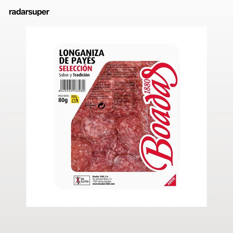 BOADAS Longaniza de payés, elaborada sin gluten y cortada en finas lonchas BOADAS Selección 80 g.