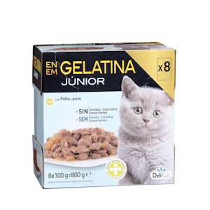 Bocaditos en gelatina con pollo y pavo gato júnior Delikuit