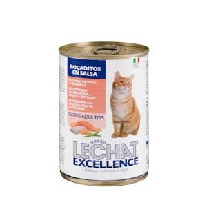Bocaditos en salsa con salmón, trucha y verduras gato adulto Lechat Excellence