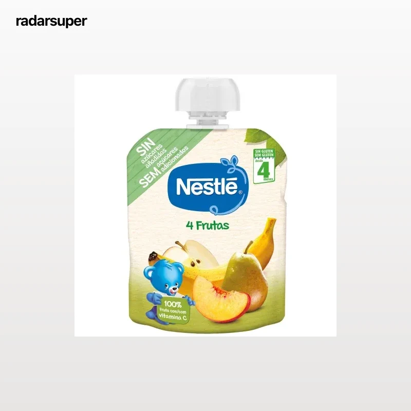 Bolsita de 4 frutas desde 4 meses Nestlé sin gluten y sin azúcar añadido 90 g.