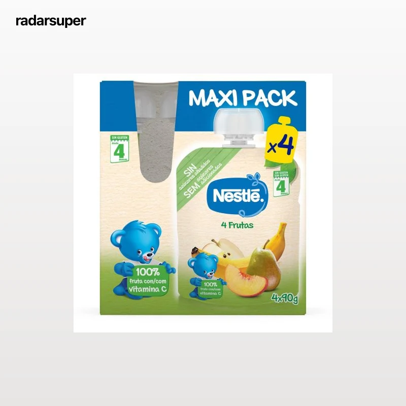 Bolsita de 4 frutas desde 4 meses Nestlé sin gluten y sin azúcar añadido pack de 4 unidades de 90 g.