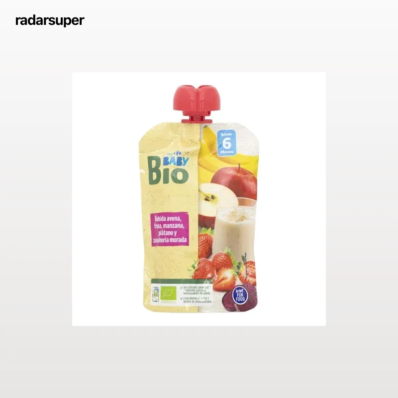 Bolsita de bebida de avena, fresa, manzana, plátano y zanahoria morada ecológica My Carrefour Baby Bio sin azúcar añadido 100 g.