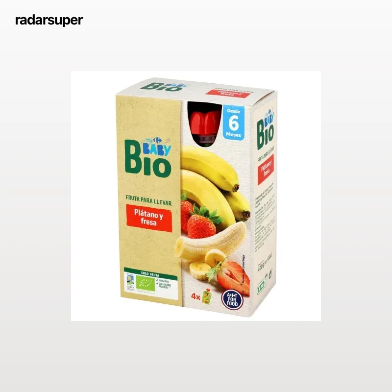 Bolsita de fresa desde 6 meses ecológico My Carrefour Baby Bio sin gluten y sin azúcar añadido pack de 4 bolsitas de 100 g.