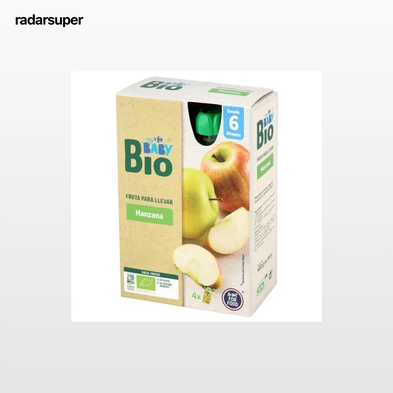 Bolsita de manzana desde 6 meses ecológico My Carrefour Baby sin gluten y sin azúcar añadido pack de 4 unidades de 100 g.