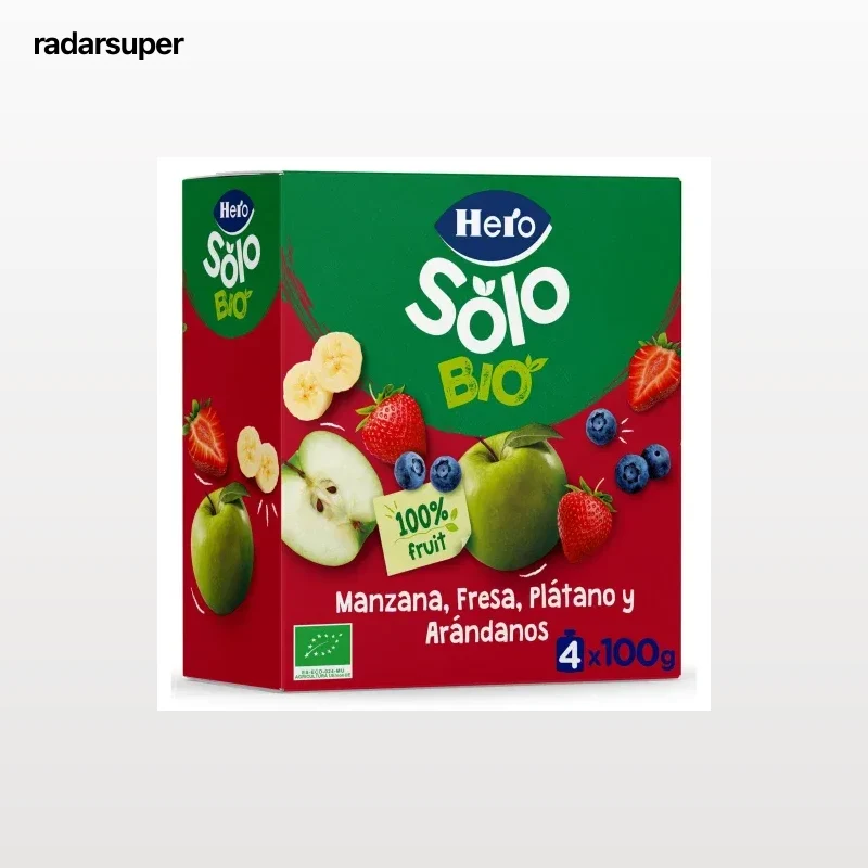 Bolsita de manzana, fresa, plátano y arándanos ecológica Hero Solo sin gluten pack de 4 unidades de 100 g.