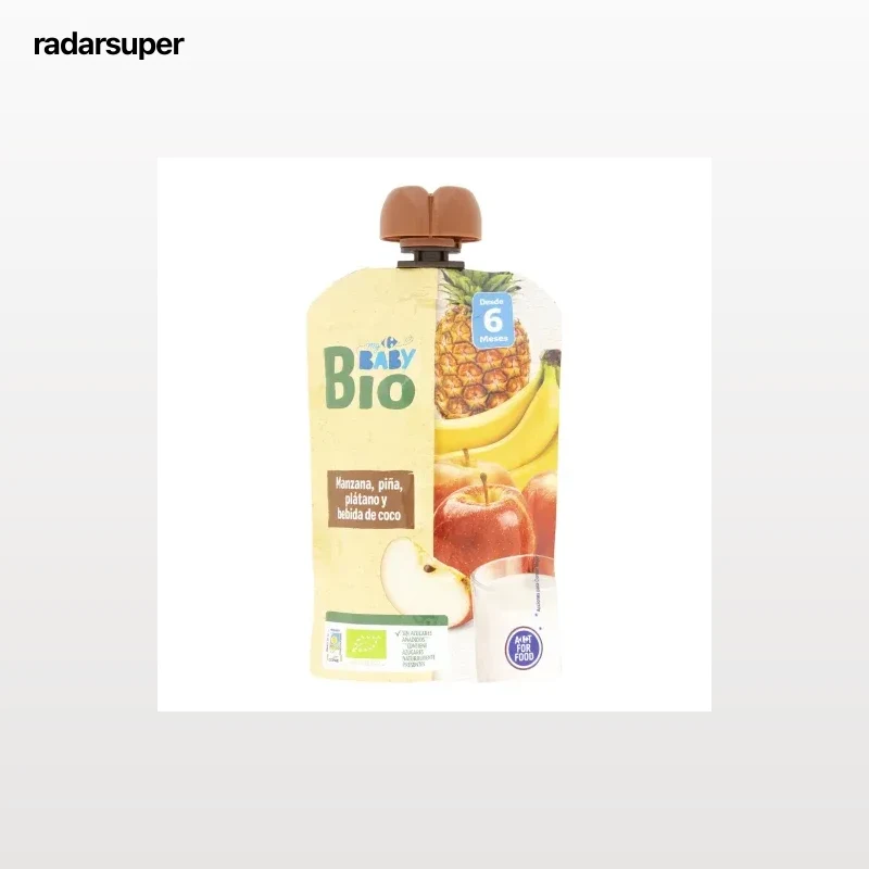 Bolsita de manzana, piña, plátano y bebida de coco ecológica My Carrefour Baby Bio sin azúcar añadido 100 g.