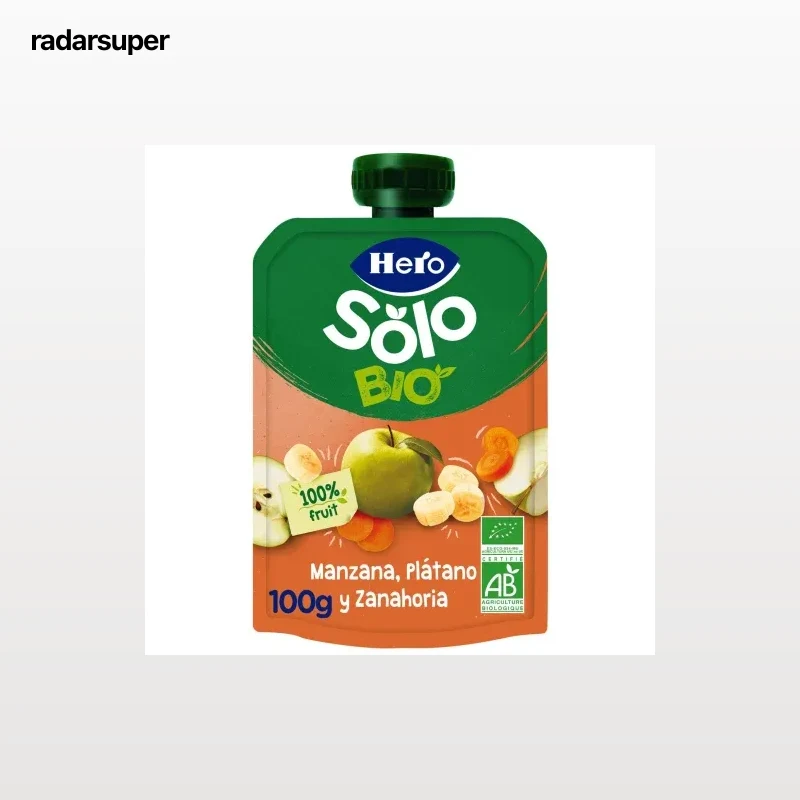 Bolsita de manzana, plátano y zanahoria ecológico Hero Solo sin gluten 100 g.