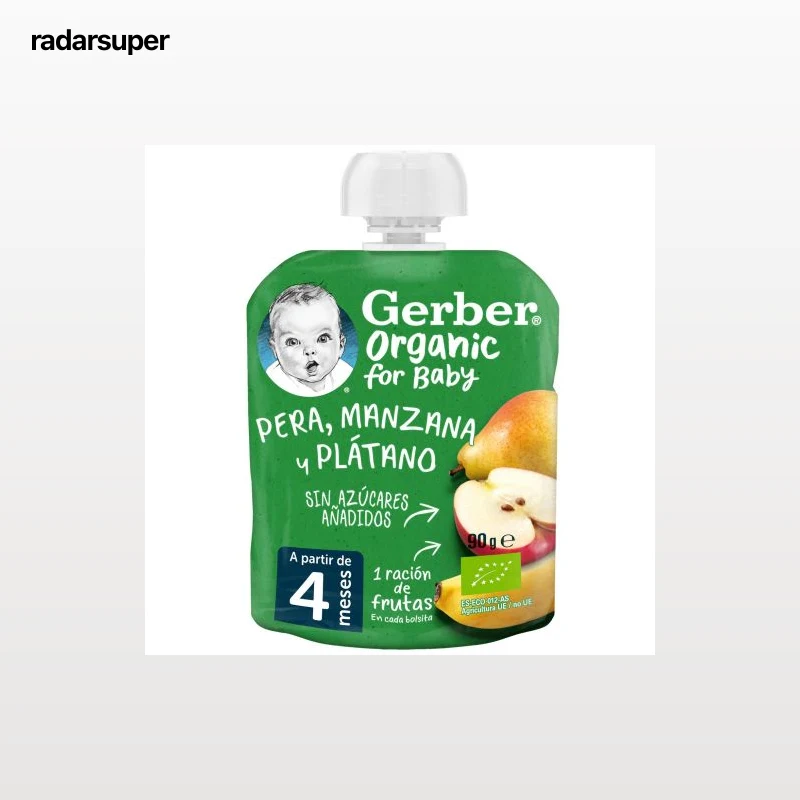 Bolsita de pera, manzana y plátano desde 4 meses ecológica Gerber sin gluten y sin azúcar añadido 90 g.