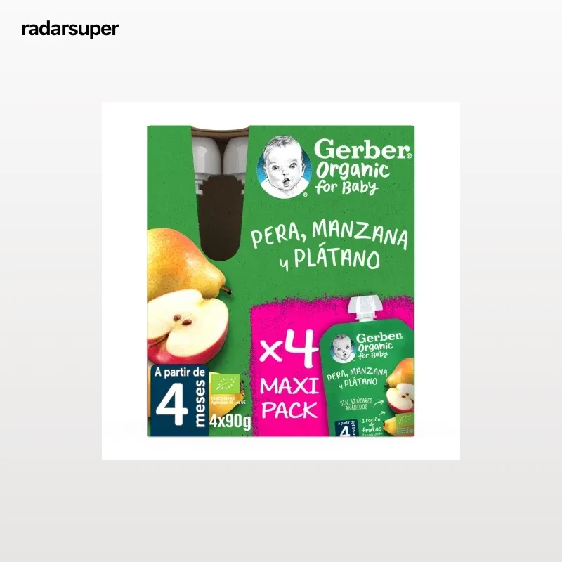 Bolsita de pera, manzana y plátano desde 4 meses ecológico Gerber sin gluten y sin azúcar añadido pack 4 unidades 90 g.