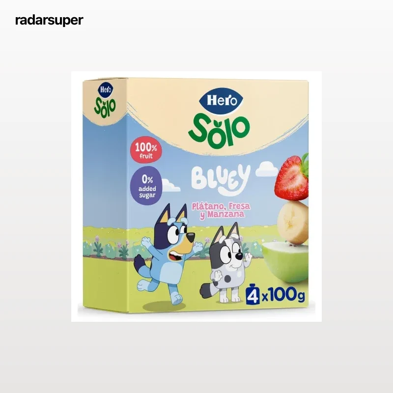 Bolsita de plátano, fresa y manzana Hero Solo sin gluten y sin azúcar añadido pack 4 unidades 100 g.