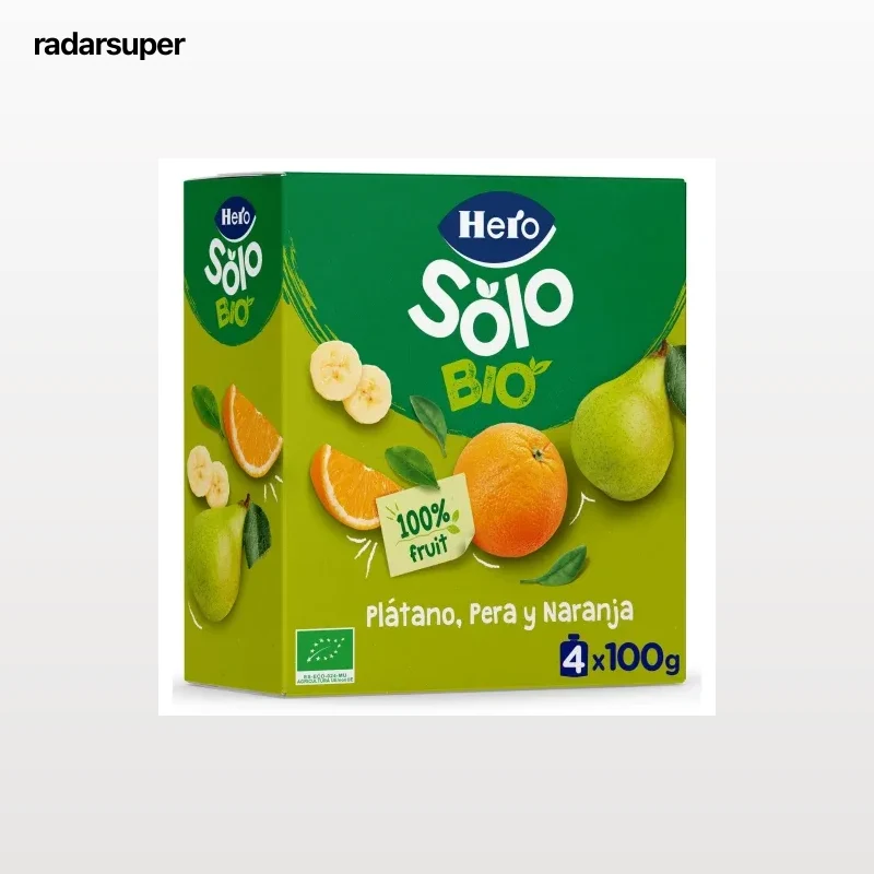 Bolsita de plátano, pera y naranja ecológica Hero Solo sin gluten pack 4 unidades de 100 g.