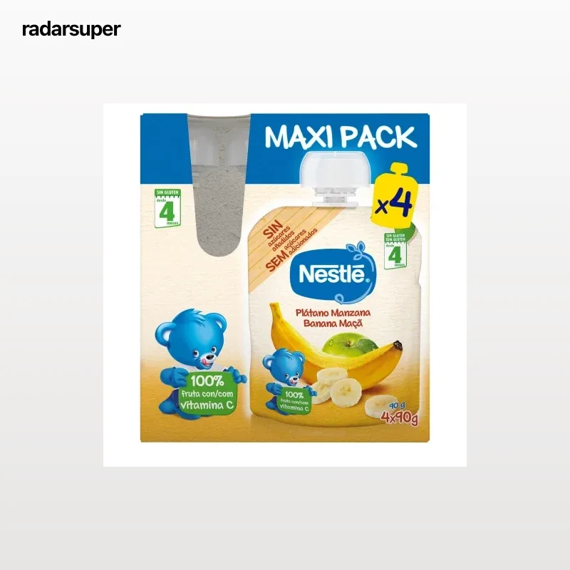 Bolsita de plátano y manzana desde 4 meses Nestlé sin gluten y sin azúcar añadido pack de 4 unidades de 90 g.