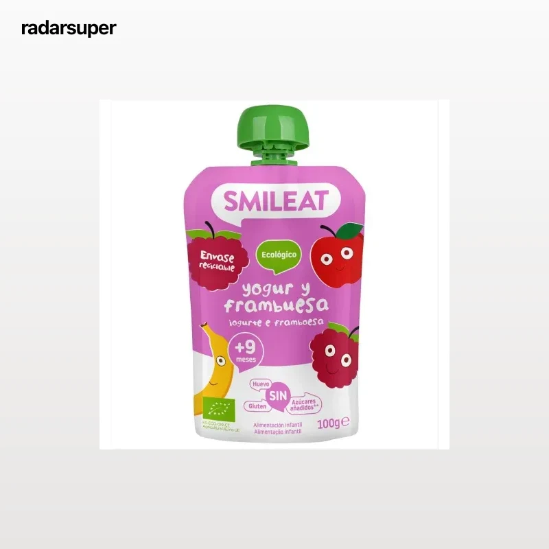 Bolsita de yogur de frambuesa desde 9 meses ecológico Smileat sin gluten y sin azúcar añadido 100 g.