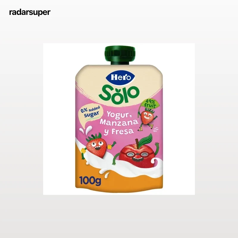 Bolsita de yogur, manzana y fresa desde 6 meses Hero Solo sin gluten y sin azúcar añadido 100 g.