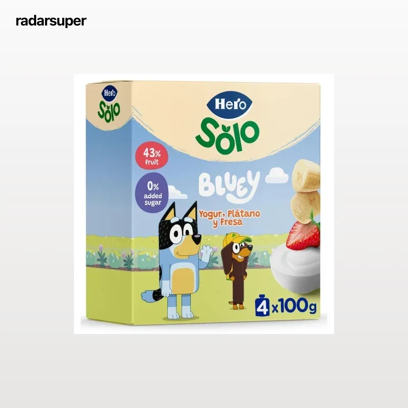 Bolsita de yogur plátano y fresa Hero Solo sin gluten y sin azúcar añadido pack 4 unidades de 100 g.