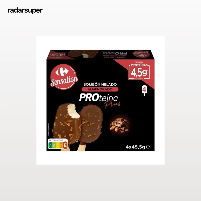 Bombón helado almendrado sabor a vainilla con cobertura de chocolate con leche y almendras Carrefour Sensation pack de 4 unidades de 45,5 g.